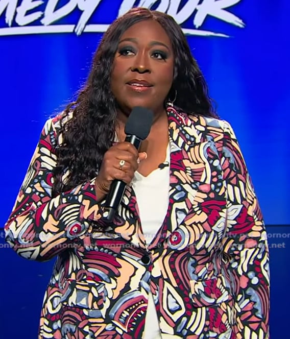 Loni Love's abstract print blazer on Tamron Hall Show