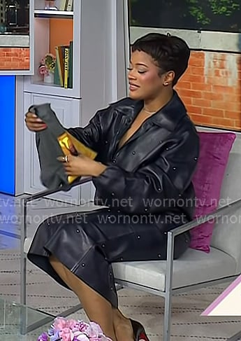 Maleah Joi Moon’s black studded leather jacket and skirt on Today Maleah Joi Moon’s black studded leather jacket and skirt on Today