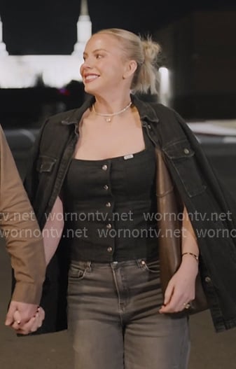Mayci's black denim sleeveless top on The Secret Lives of Mormon Wives