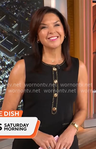Meg Oliver’s black dress with gold buttons on CBS Mornings Meg Oliver’s black dress with gold buttons on CBS Mornings