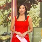 Meg Oliver's red lace square neckline dress on CBS Mornings Meg Oliver's red lace square neckline dress on CBS Mornings