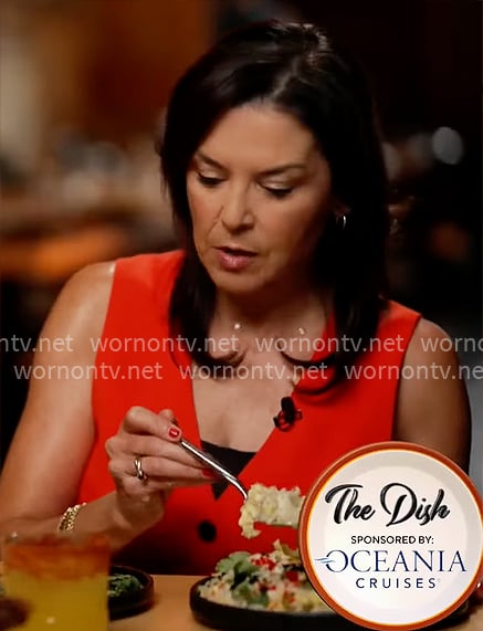 Meg Oliver’s red vest on CBS Mornings Meg Oliver’s red vest on CBS Mornings