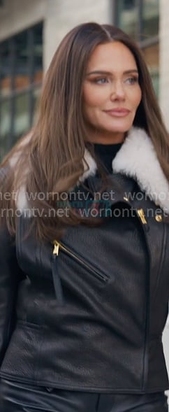 Meredith's black leather shearling collar jacket on The Real Housewives of Salt Lake City