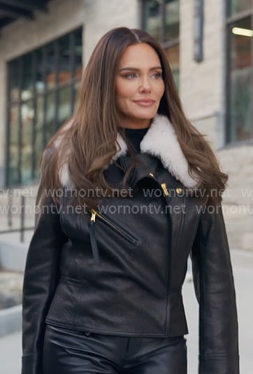 Meredith’s black leather shearling collar jacket on The Real Housewives of Salt Lake City Meredith’s black leather shearling collar jacket on The Real Housewives of Salt Lake City