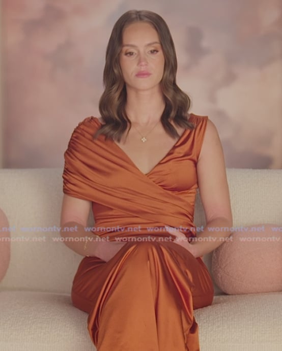 Mikayla's orange satin confessional dress on The Secret Lives of Mormon Wives