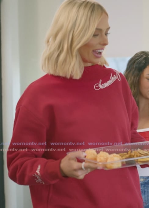 Miranda’s red high neck embroidered sweatshirt on The Secret Lives of Mormon Wives Miranda’s red high neck embroidered sweatshirt on The Secret Lives of Mormon Wives
