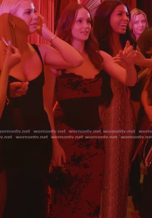 Miranda's red printed dress on The Secret Lives of Mormon Wives
