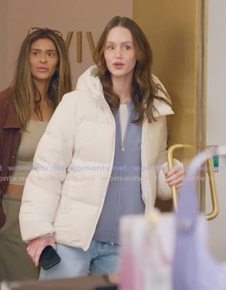 Miranda's white padded jacket on The Secret Lives of Mormon Wives