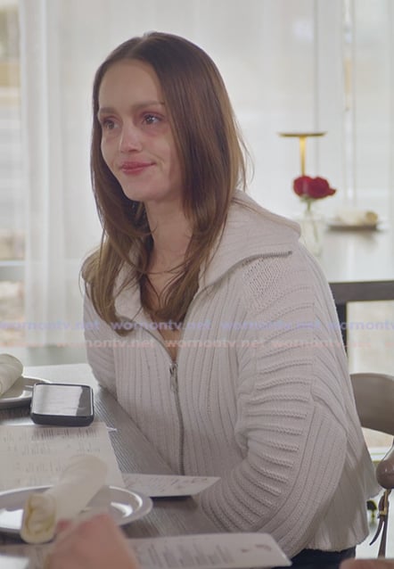 Miranda's white ribbed zip down sweater on The Secret Lives of Mormon Wives