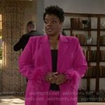 Mona’s pink feather cuff suit on Beyond the Gates Mona’s pink feather cuff suit on Beyond the Gates