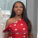 Mona's red polka dot asymmetric one shoulder top on Extra