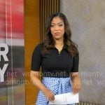 Morgan’s black polo and blue printed skirt on Good Morning America Morgan’s black polo and blue printed skirt on Good Morning America
