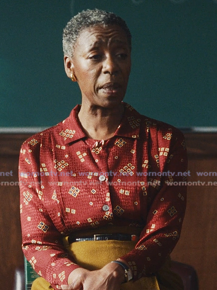 Ms Rogers burgundy printed top on The Shards