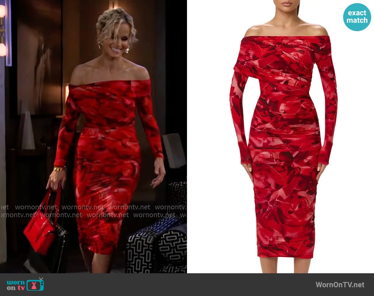 Naked Wardrobe Bare Body Print Off the Shoulder Long Sleeve Midi Dress worn by Vanessa McBride (Lauren Buglioli) on Beyond the Gates Naked Wardrobe Bare Body Print Off the Shoulder Long Sleeve Midi Dress worn by Vanessa McBride (Lauren Buglioli) on Beyond the Gates