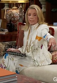 Nikki’s white butterfly and floral print suit on The Young and the Restless Nikki’s white butterfly and floral print suit on The Young and the Restless