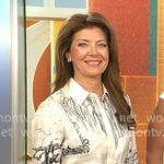 Norah O’Donnell’s white graphic print shirtdress on CBS Mornings Norah O’Donnell’s white graphic print shirtdress on CBS Mornings