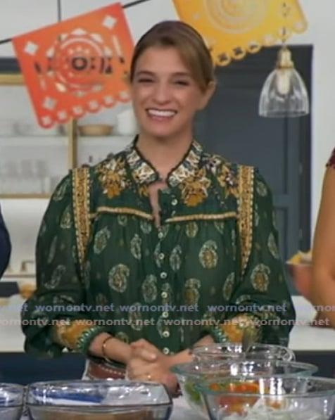 Pati Jinich’s green floral print blouse on Good Morning America Pati Jinich’s green floral print blouse on Good Morning America