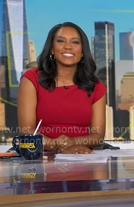 Rachel's red asymmetric neck dress on Good Morning America Rachel's red asymmetric neck dress on Good Morning America