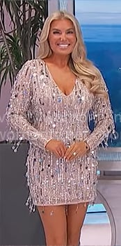 Rachel’s silver fringed sequin dress on The Price is Right Rachel’s silver fringed sequin dress on The Price is Right