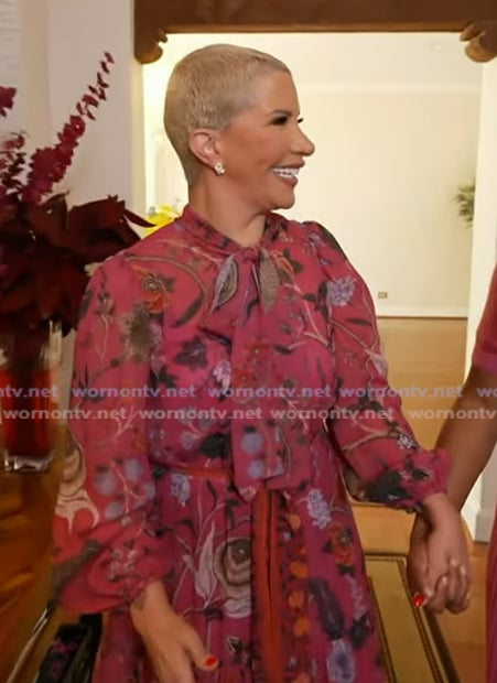 Rebecca King-Crews’ pink floral tie neck dress on Tamron Hall Show
