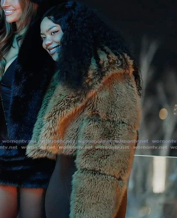 Riley’s brown faux fur jacket on Next Gen NYC Riley’s brown faux fur jacket on Next Gen NYC