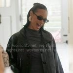 Sai’s blue gathered top and black leather jacket on The Real Housewives of New York City Sai’s blue gathered top and black leather jacket on The Real Housewives of New York City