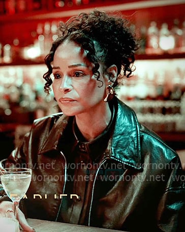 Sai’s brown leather bomber jacket on The Real Housewives of New York City Sai’s brown leather bomber jacket on The Real Housewives of New York City