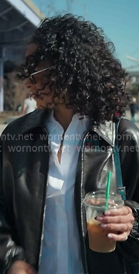 Sai's dark brown leather bomber jacket ans sunglasses on The Real Housewives of New York City Sai's dark brown leather bomber jacket ans sunglasses on The Real Housewives of New York City