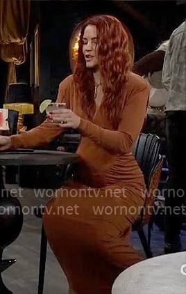 Sally’s orange v-neck long sleeve maxi dress on The Young and the Restless Sally’s orange v-neck long sleeve maxi dress on The Young and the Restless