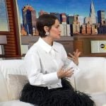 Sarah Paulson's white shirt and black feather skirt on Good Morning America