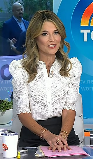Savannah’s white embroidered puff sleeve top and black skirt on Today Savannah’s white embroidered puff sleeve top and black skirt on Today