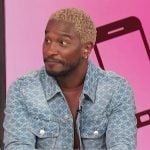 Scott's printed denim jacket and jeans on Access Hollywood