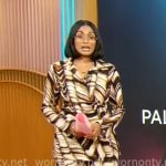 Shanelle Kaul’s brown marble print wrap top and pants set on CBS Mornings