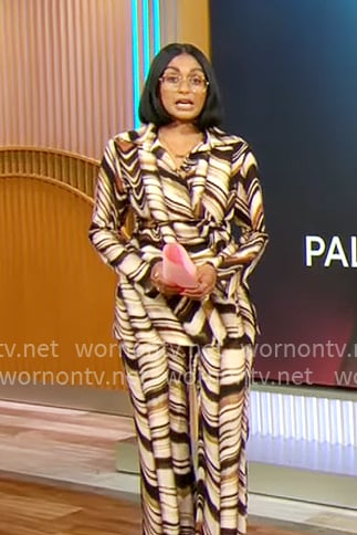 Shanelle Kaul's brown marble print wrap top and pants set on CBS Mornings