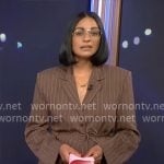 Shanelle Kaul’s brown pinstripe jacket and pants set on CBS Mornings Shanelle Kaul’s brown pinstripe jacket and pants set on CBS Mornings