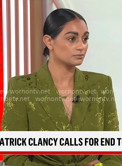 Shanelle Kaul's green floral tie waist blazer on CBS Mornings