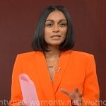 Shanelle Kaul’s orange suit on CBS Mornings Shanelle Kaul’s orange suit on CBS Mornings