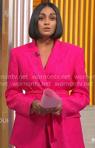 Shanelle Kaul’s pink belted blazer on CBS Mornings Shanelle Kaul’s pink belted blazer on CBS Mornings
