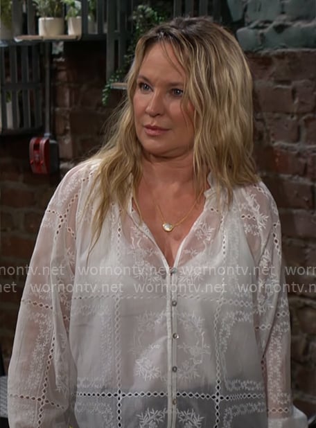 Sharon's white embroidered top on The Young and the Restless