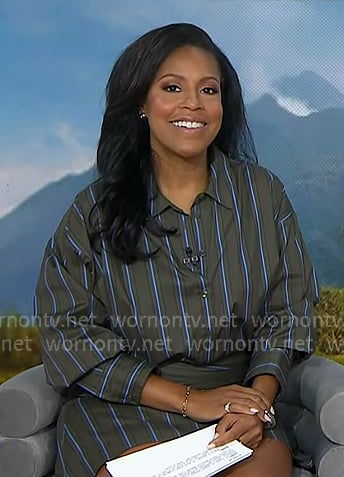 Sheinelle's brown striped mini shirtdress on Today