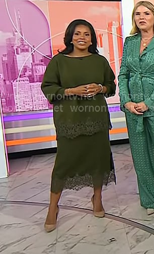 Sheinelle’s green lace trim sweater and skirt on Today Sheinelle’s green lace trim sweater and skirt on Today