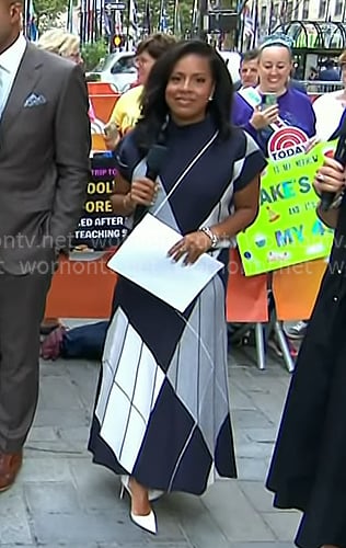 Sheinelle’s navy argyle sweater and pelated skirt on Today