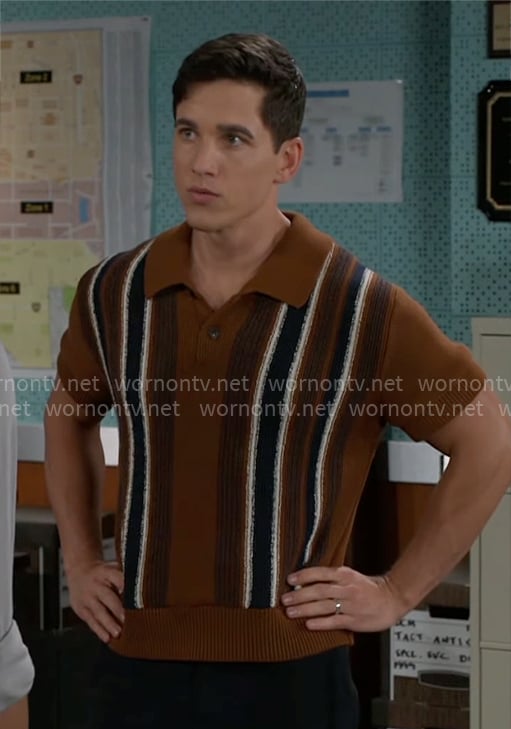 Smitty’s brown vertical stripe polo shirt on Beyond the Gates Smitty’s brown vertical stripe polo shirt on Beyond the Gates