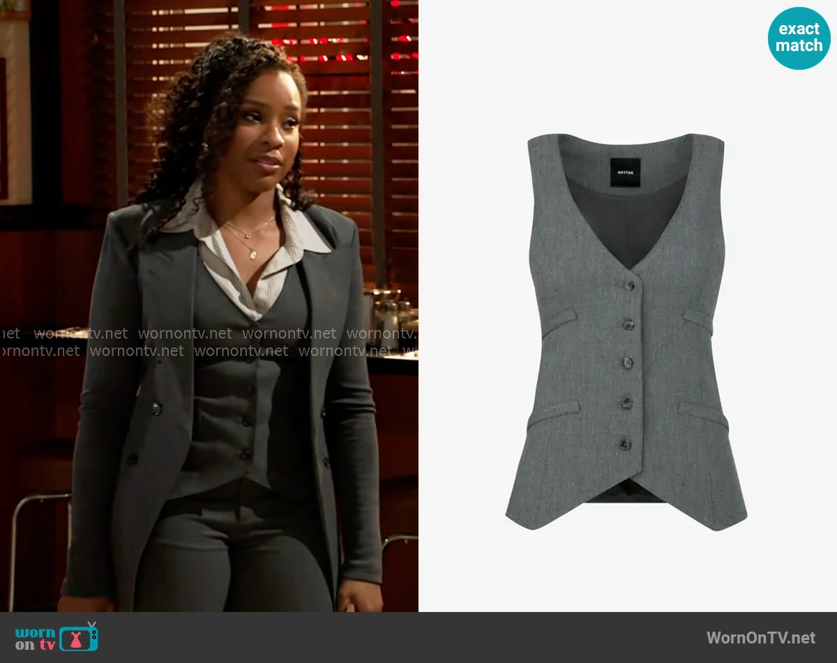 Smythe Waistcoat in Charcoal Grey worn by Naomi Hamilton Hawthorne (Arielle Prepetit) on Beyond the Gates Smythe Waistcoat in Charcoal Grey worn by Naomi Hamilton Hawthorne (Arielle Prepetit) on Beyond the Gates