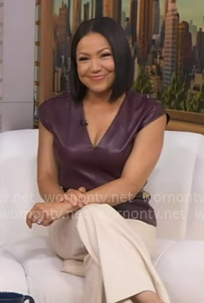 Stephanie's brown v-neck leather top on Good Morning America