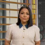 Stephanie’s white cable knit cardigan with denim collar on Good Morning America Stephanie’s white cable knit cardigan with denim collar on Good Morning America