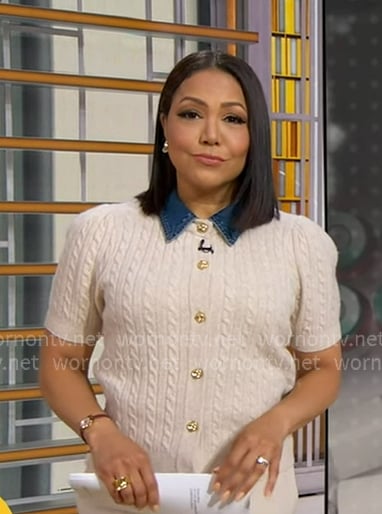 Stephanie’s white cable knit cardigan with denim collar on Good Morning America