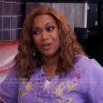 Sunny Anderson’s purple embroidered top on The Drew Barrymore Show Sunny Anderson’s purple embroidered top on The Drew Barrymore Show