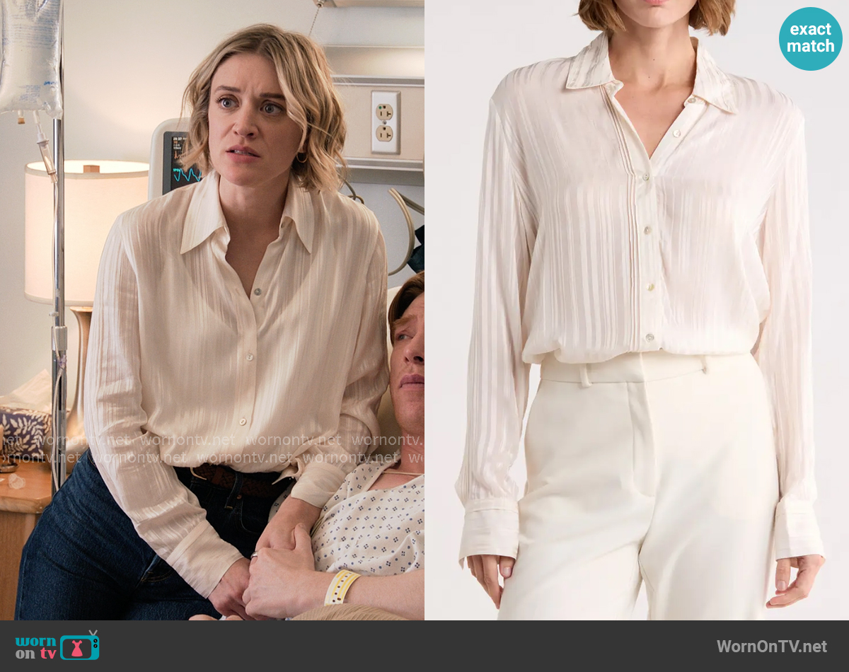 T Tahari Sheer Stripe Pintuck Button-Up Shirt worn by Mare Pritti (Chelsea Frei) on The Paper