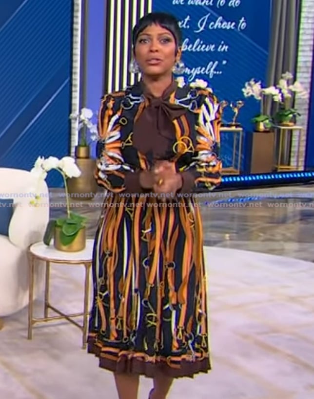 Tamron’s belt print tie neck shirtdress on Tamron Hall Show
